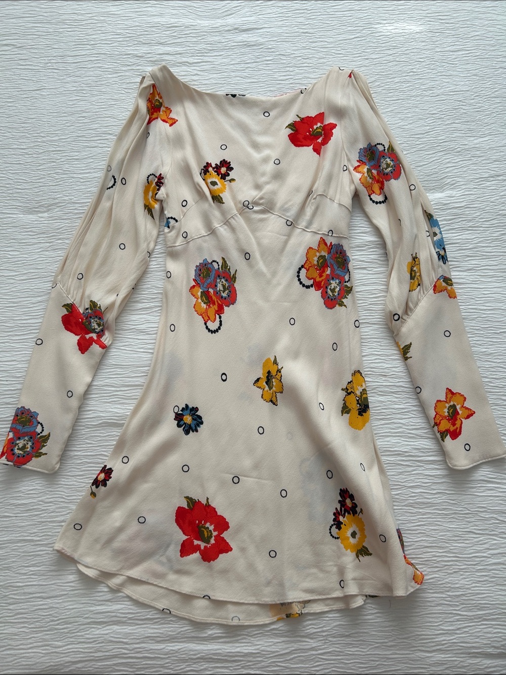 Free People Cream Floral Cold-Shoulder Long Sleeve Mini Dress